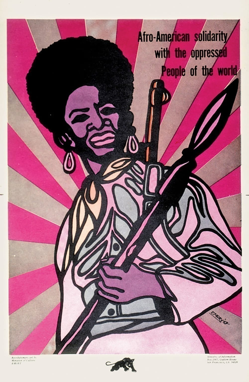 Artwork by Emory Douglas published in the Black Panter. The image has a pink background and woman in the foreground with the caption Afro-American Solidarity with the oppressed people of the world.