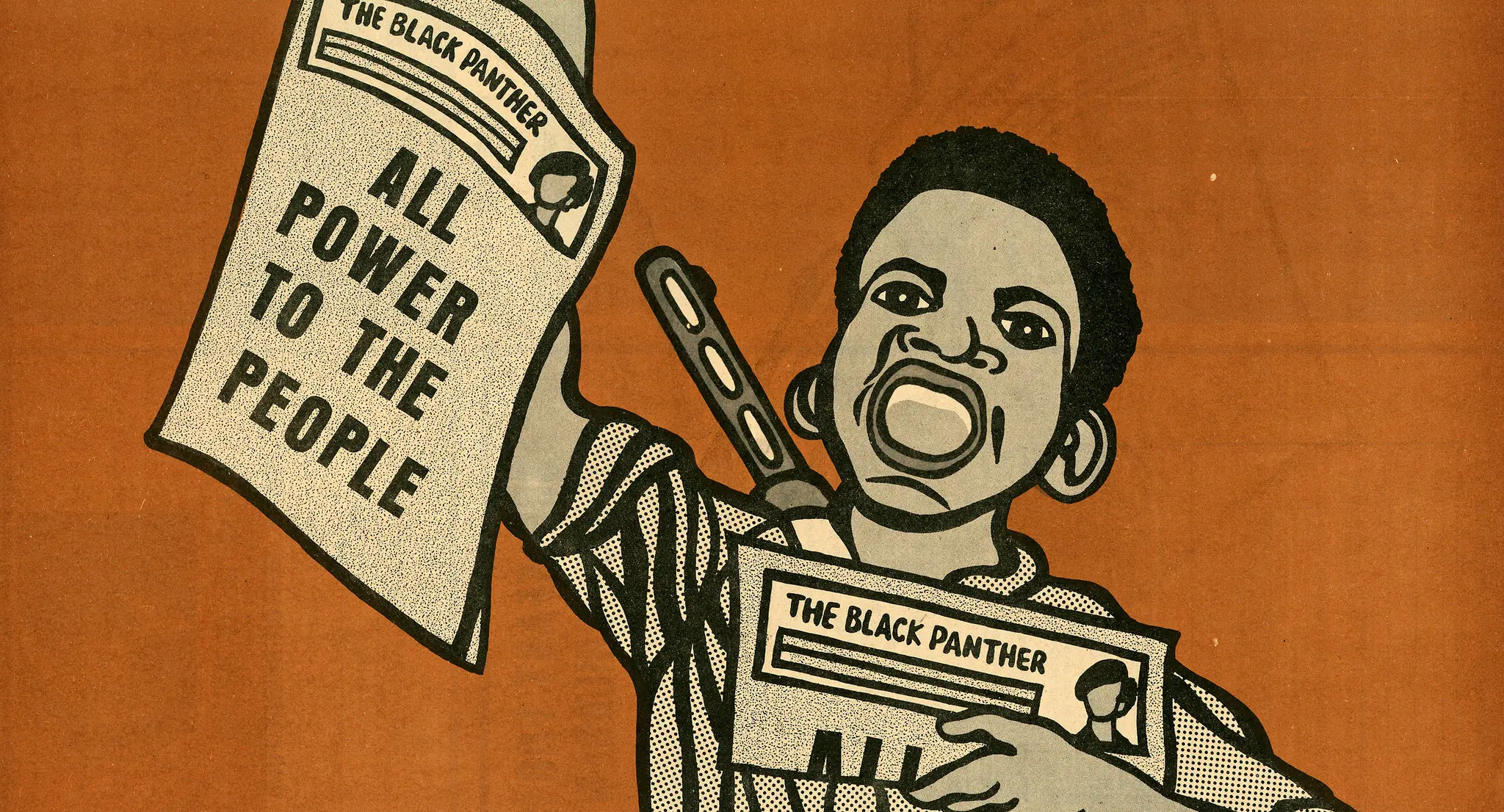 Artwork by Emory Douglas published in the Black Panther. Burnt orange background with boy holding newspaper in the foreground. Tha paper reads Black Panther, All Power to the People.
