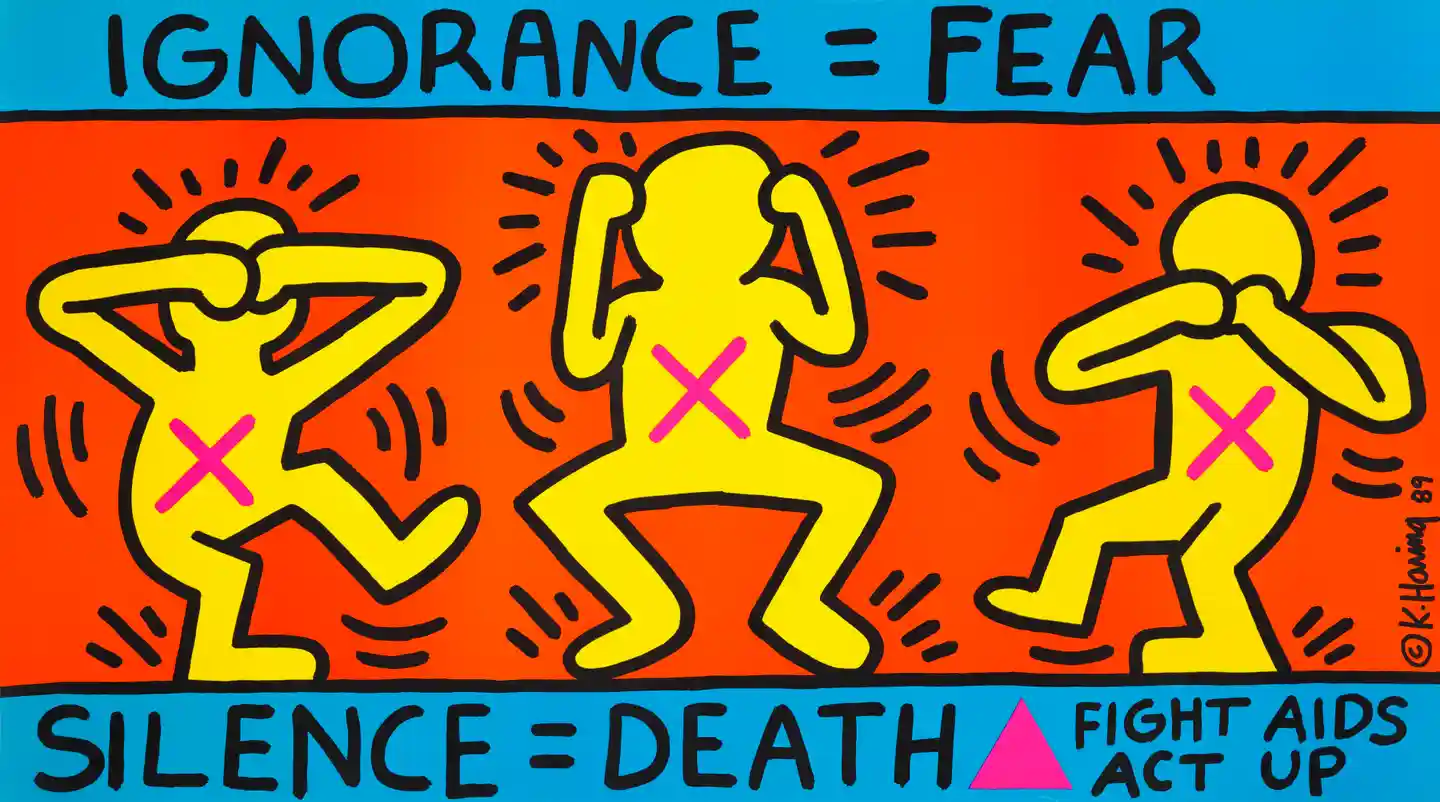 Artwork by Keith Haring with blue and red background, three yellow figures, and text that reads Ignorance=fear Silence=death Fight Aids Act Up