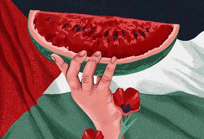 Original art by @colorsofhoney on Instagram. Palestinian flag in the background with a hand olding a watermelon in the foreground.
