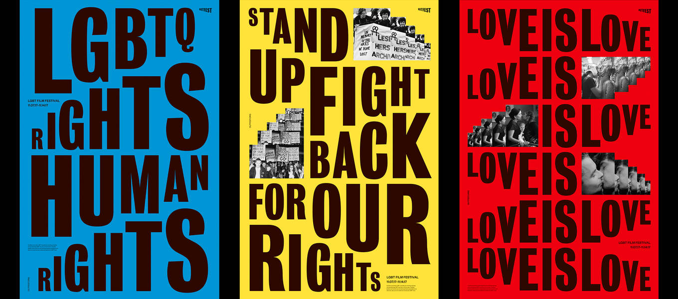 Red, yellow, and red posters in a row with various typography.